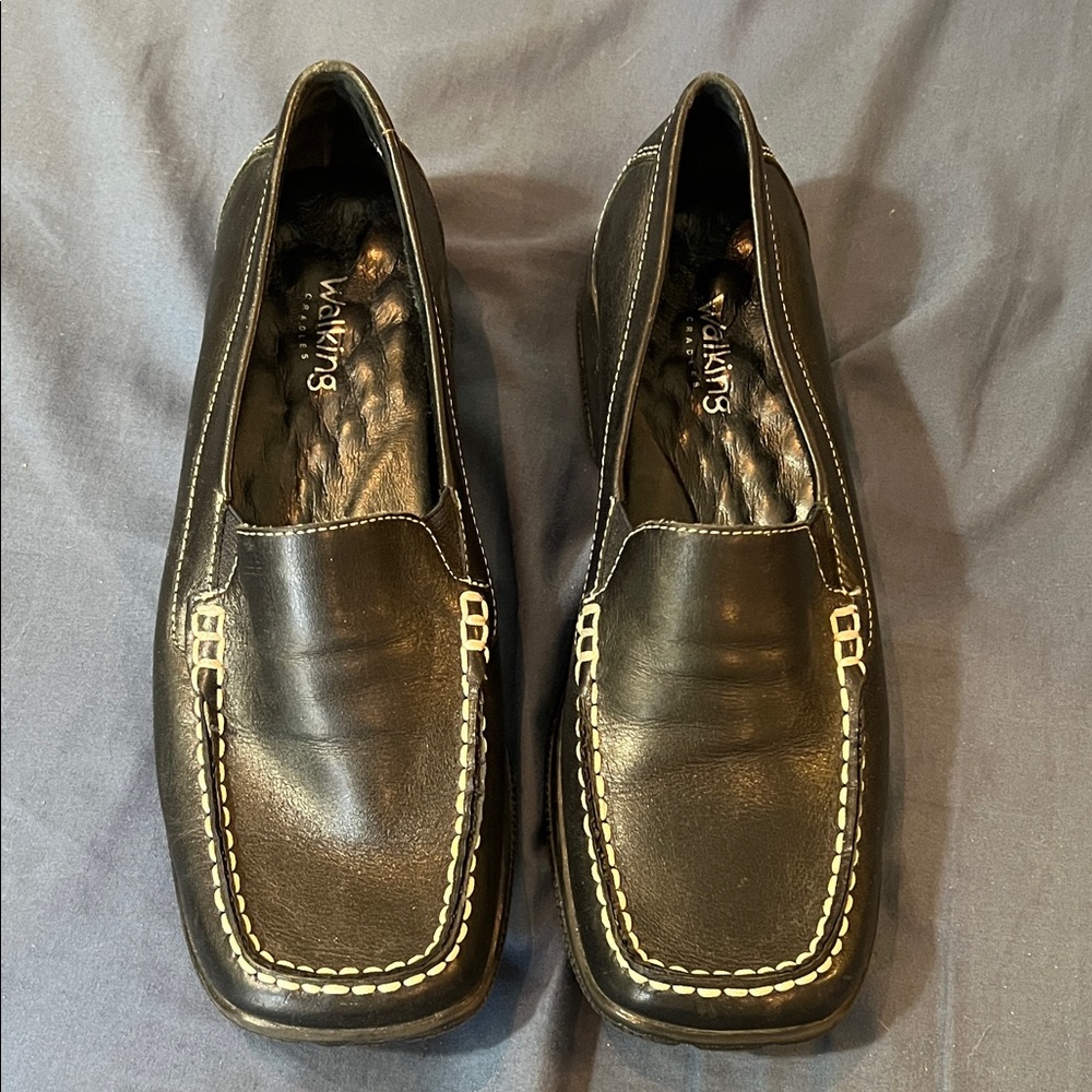 Black leather slip on loafers. 7.5 narrow, worn once